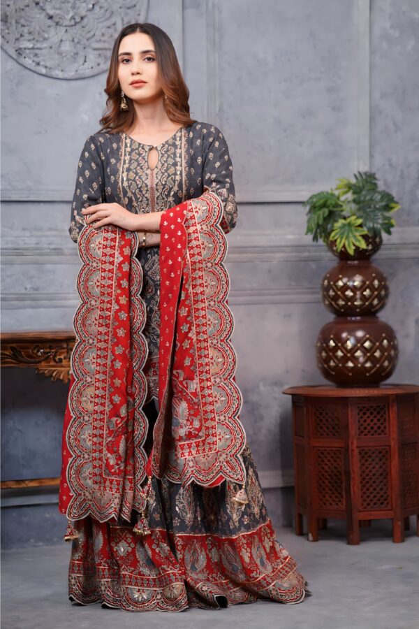 Gray and Red Pure Crepe Garara Ensemble