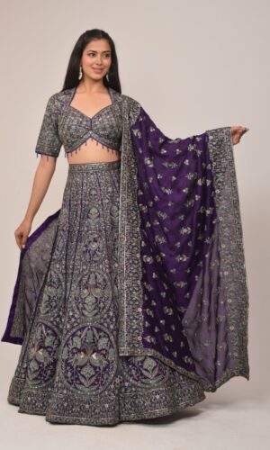 Royal Purple Heavy Embroidered Bridal Lehenga Set