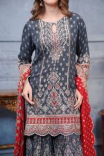 Gray and Red Pure Crepe Garara Ensemble