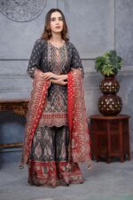 Gray and Red Pure Crepe Garara Ensemble