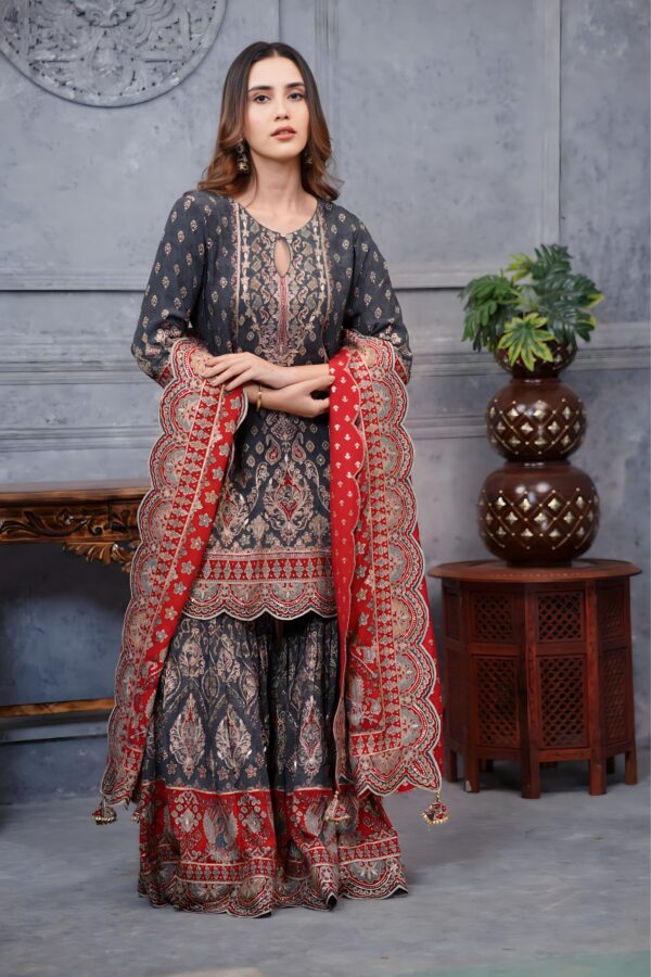 Gray and Red Pure Crepe Garara Ensemble
