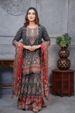 Gray and Red Pure Crepe Garara Ensemble