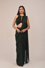 Bottle Green Hater Neck Intricate Drape Set