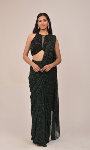 Bottle Green Hater Neck Intricate Drape Set