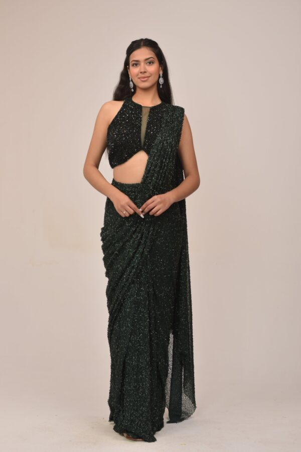 Bottle Green Hater Neck Intricate Drape Set