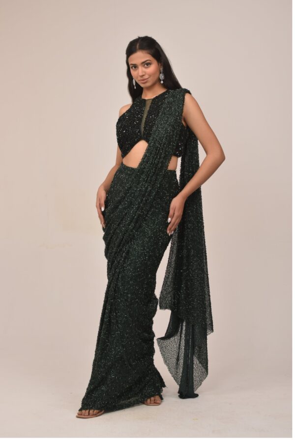 Bottle Green Hater Neck Intricate Drape Set