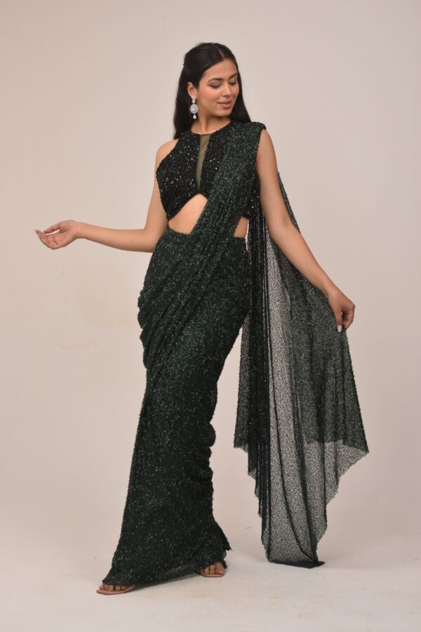 Bottle Green Hater Neck Intricate Drape Set