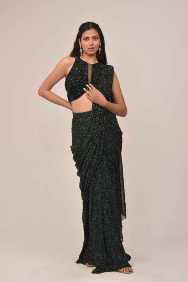 Bottle Green Hater Neck Intricate Drape Set