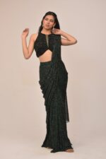 Bottle Green Hater Neck Intricate Drape Set