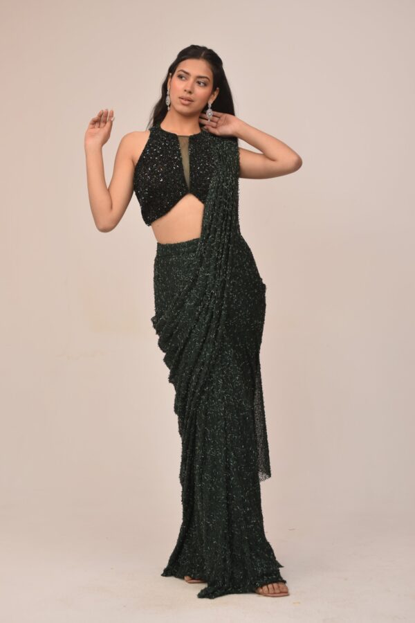 Bottle Green Hater Neck Intricate Drape Set