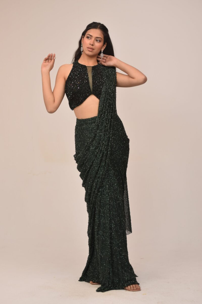 Bottle Green Hater Neck Intricate Drape Set
