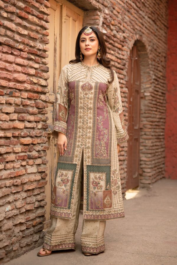 Elegant Cream Beige Pakistani Suit with Sleek Digital Prints Golden Highlights & Odhani  Dupatta