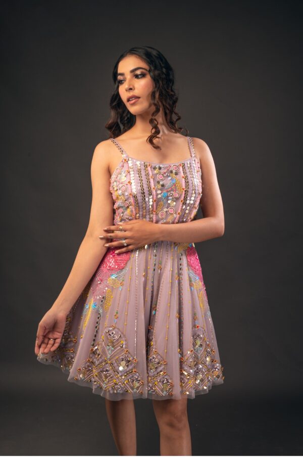 Soft Lilac Scoop Neck Dress with 3D Flowers and Glass Cut Beads
