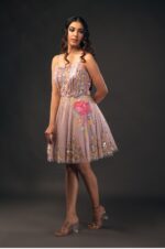 Soft Lilac Scoop Neck Dress with 3D Flowers and Glass Cut Beads