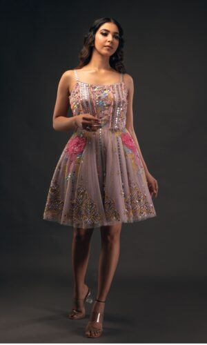 Soft Lilac Scoop Neck Dress with 3D Flowers and Glass Cut Beads