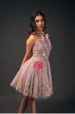 Soft Lilac Scoop Neck Dress with 3D Flowers and Glass Cut Beads