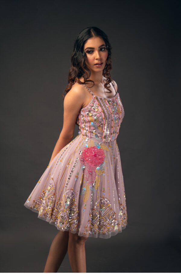 Soft Lilac Scoop Neck Dress with 3D Flowers and Glass Cut Beads