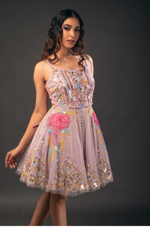 Soft Lilac Scoop Neck Dress with 3D Flowers and Glass Cut Beads