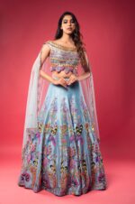 Sky Blue Boat Neck Lehenga with Matching Blouse and Net Dupatta.