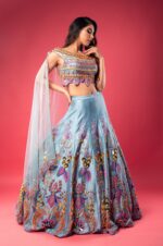 Sky Blue Boat Neck Lehenga with Matching Blouse and Net Dupatta.