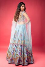 Sky Blue Boat Neck Lehenga with Matching Blouse and Net Dupatta.