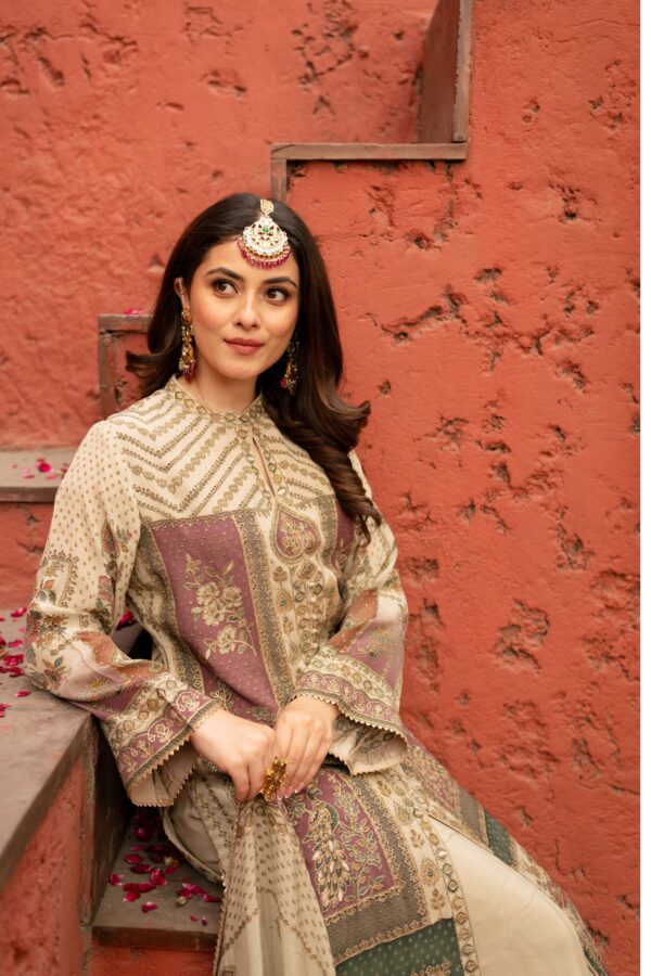 Elegant Cream Beige Pakistani Suit with Sleek Digital Prints Golden Highlights & Odhani  Dupatta