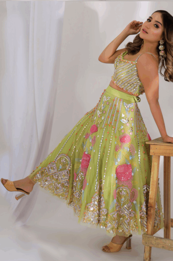 Parrot Green Lehenga Choli in Japanese Net with Aari Embroidery, Paired with Matching Blouse.