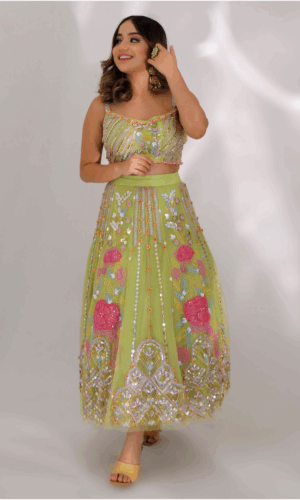Parrot Green Lehenga Choli in Japanese Net with Aari Embroidery, Paired with Matching Blouse.