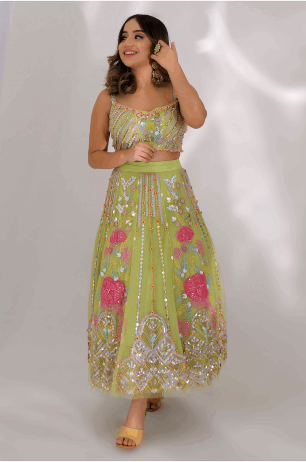 Parrot Green Lehenga Choli in Japanese Net with Aari Embroidery, Paired with Matching Blouse.