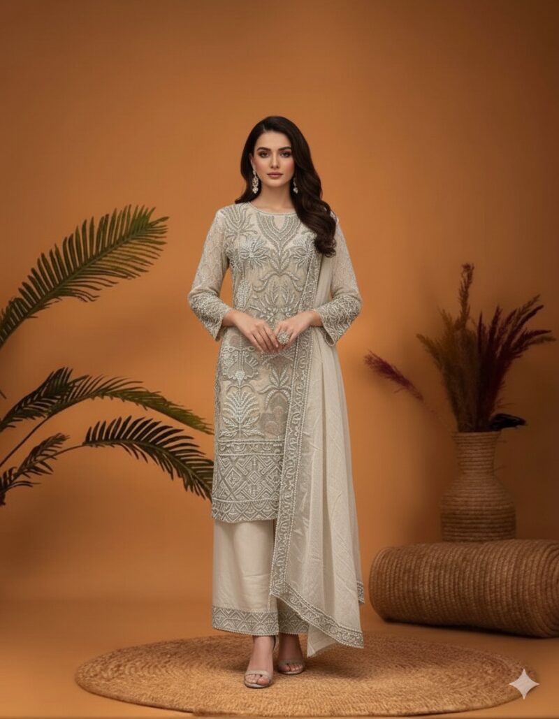Ivory Tonal Embroidered Palazzo Set
