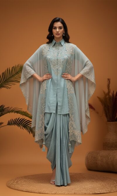 Elegant Pastel Draped Fusion Ensemble