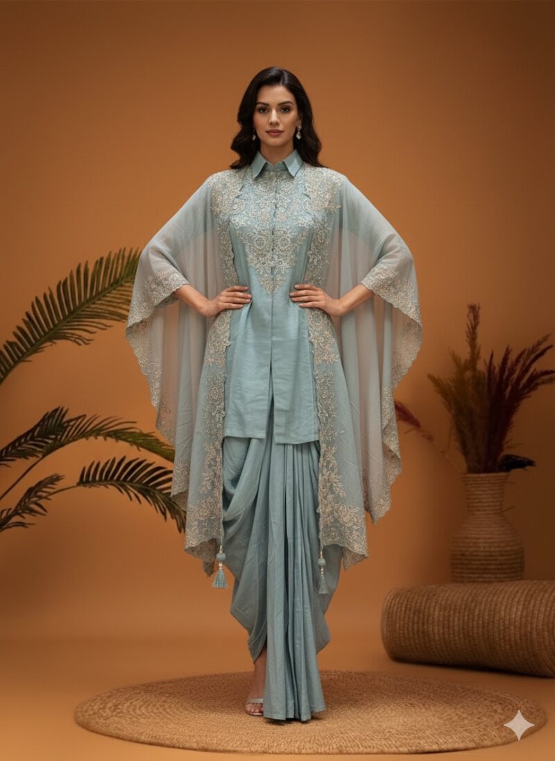 Elegant Pastel Draped Fusion Ensemble