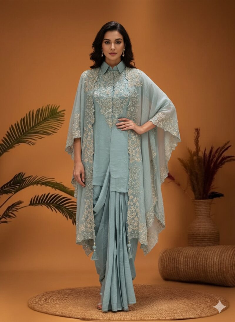 Elegant Pastel Draped Fusion Ensemble