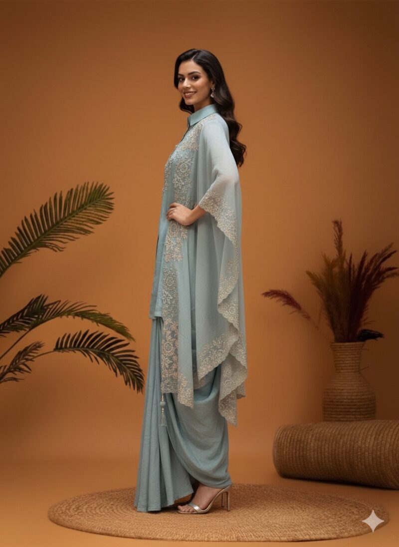 Elegant Pastel Draped Fusion Ensemble