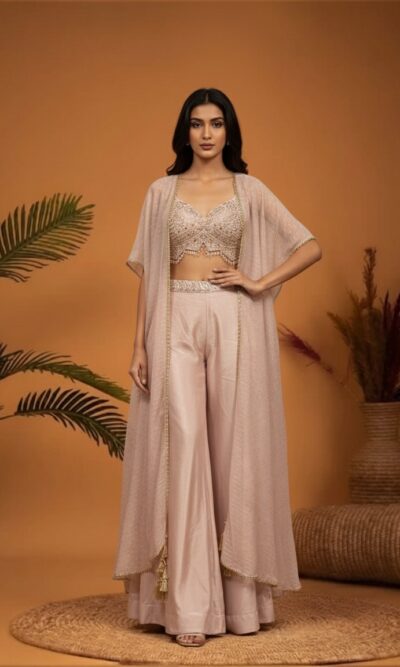 Sequin Bustier Sharara Cape Set