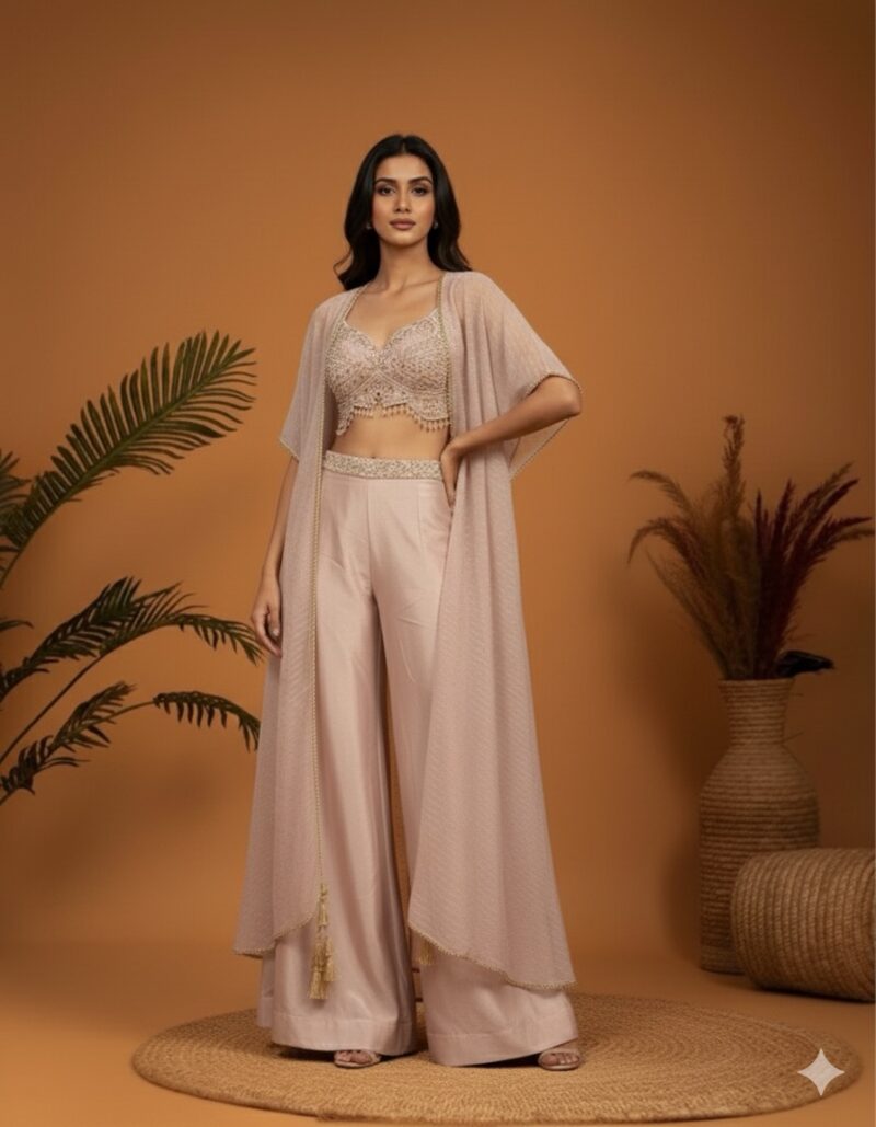 Sequin Bustier Sharara Cape Set