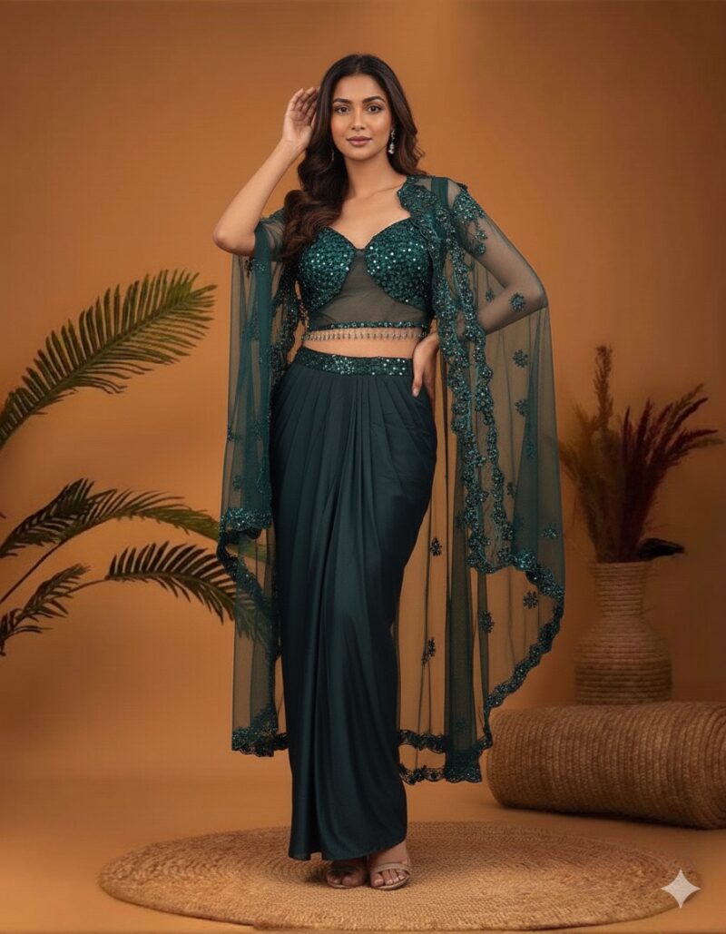 Emerald Sequin Bustier and Drape Cape Set