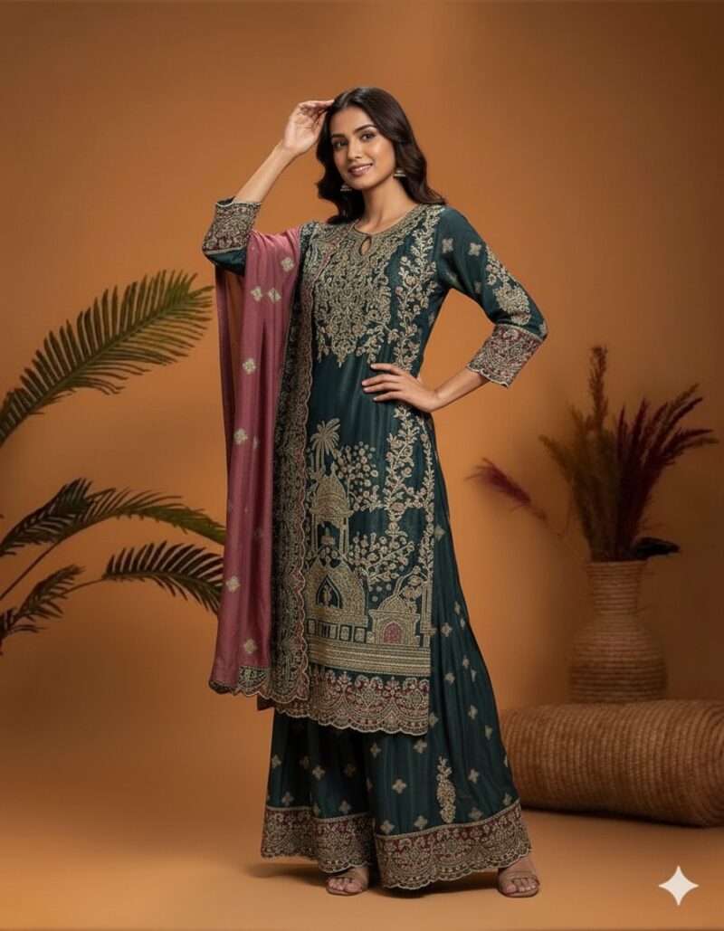 Vintage Scenic Embroidery Sharara Set