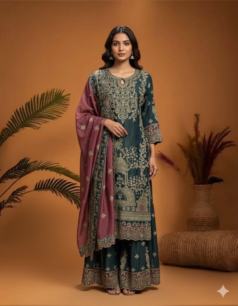 Vintage Scenic Embroidery Sharara Set