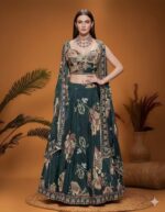 Forest Green Floral Paisley Cape Lehenga