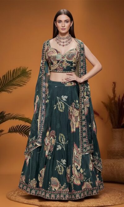 Forest Green Floral Paisley Cape Lehenga