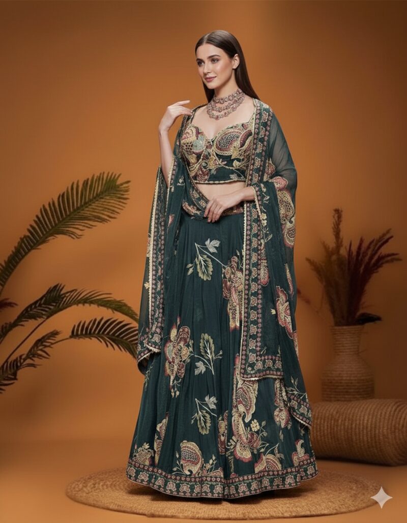 Forest Green Floral Paisley Cape Lehenga