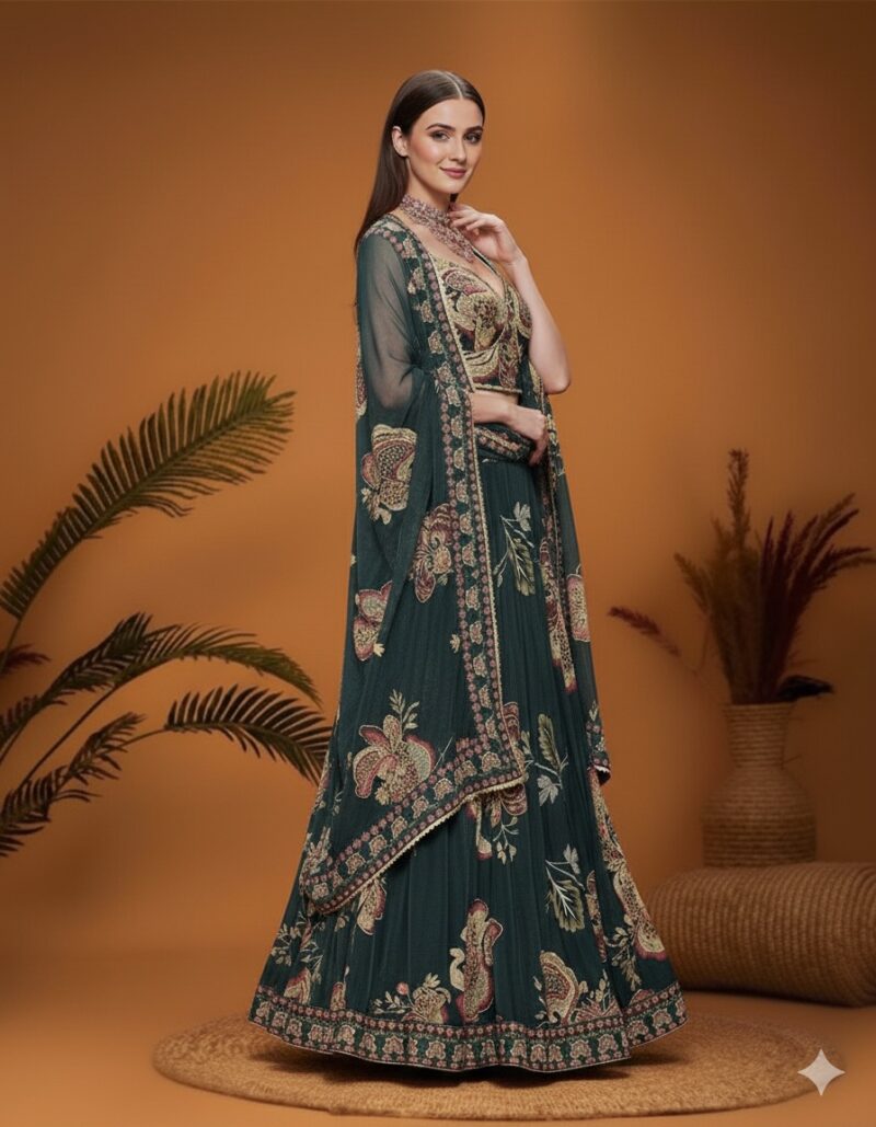 Forest Green Floral Paisley Cape Lehenga
