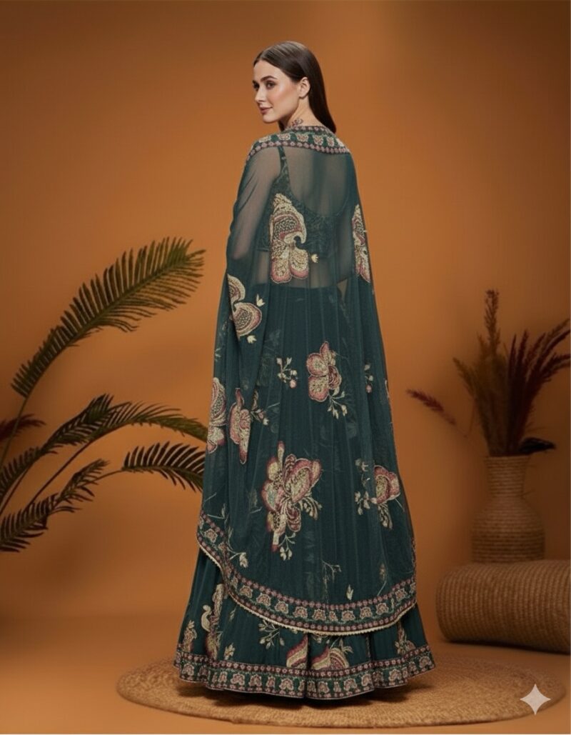 Forest Green Floral Paisley Cape Lehenga