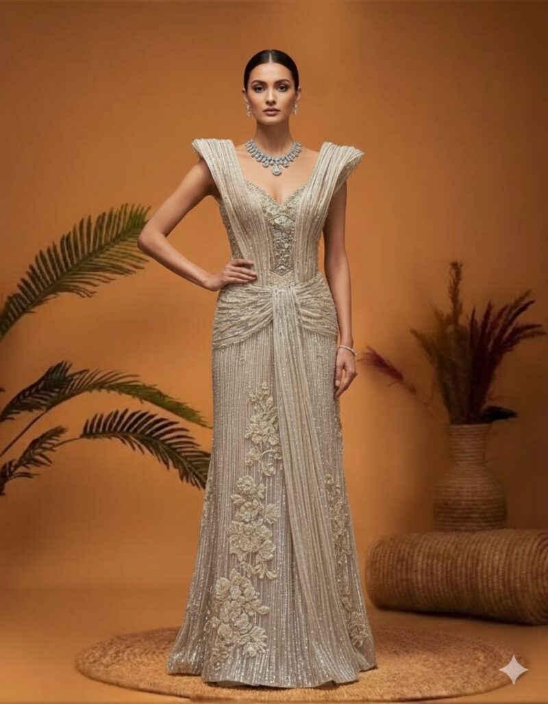 Sculpted Shoulder Couture Gown