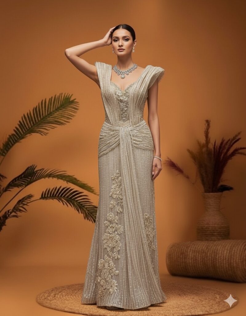Sculpted Shoulder Couture Gown