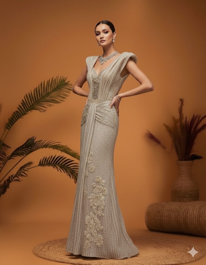 Sculpted Shoulder Couture Gown