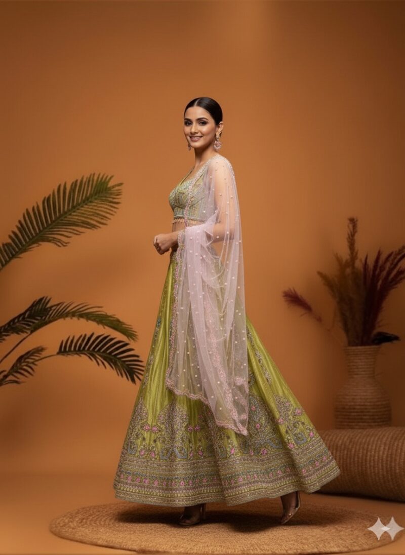 Lime Radiance Lehenga with Rose Mist Dupatta