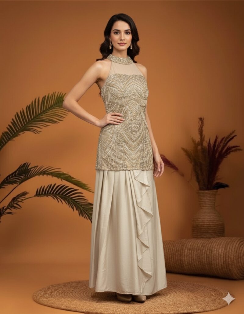 Champagne Pearl Embellished Skirt Set