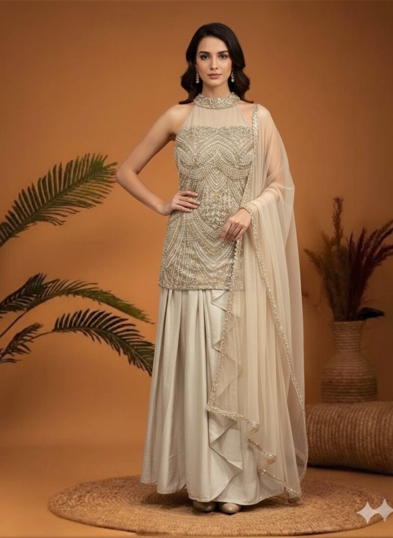 Champagne Pearl Embellished Skirt Set